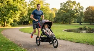 Parent jogging through a park with a dedicated sports 3-wheel pushchair
