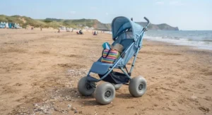 A lightweight beach stroller equipped with sand wheels, perfect for summer trips to the seaside