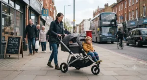 Lightweight double pushchair navigating a narrow pavement on a UK high street