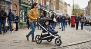 Parent pushing a highly manoeuvrable 3-wheel pushchair on a busy pavement
