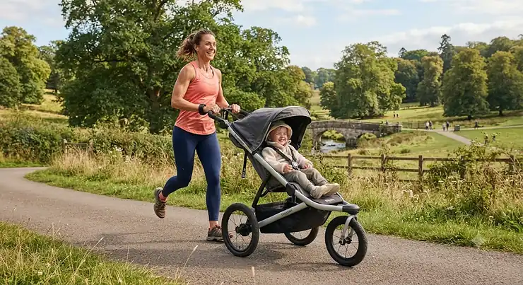 Parent running with an off road jogging stroller on a tarmac path in a British country park