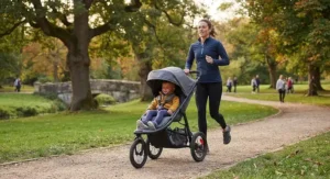 An active parent jogging through a British park using a lightweight jogging pushchair.