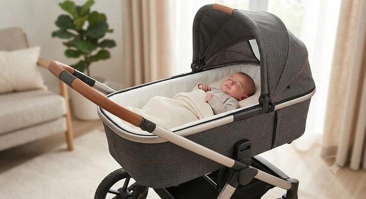 A newborn baby lying comfortably flat in a pushchair carrycot designed for safe infant travel