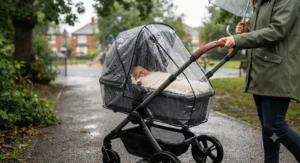 Pushchair for a newborn fitted with a clear, protective rain cover for wet British weather
