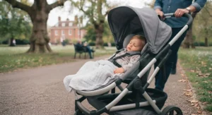 Child resting comfortably in a compact double buggy with a fully reclined lie-flat seat.