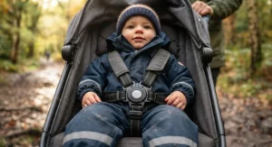 A secure five-point safety harness fastened inside a durable pushchair for countryside walks.