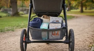 A spacious under-seat storage basket on the lightweight jogging pushchair for everyday essentials.