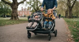 Inline tandem compact double buggy carrying a toddler and an infant comfortably.