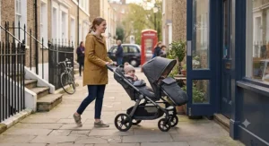 An inline tandem pushchair for twins navigating a London pavement and narrow doorways easily.