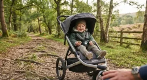 Toddler sitting securely in a rugged off road jogging stroller during a trail walk