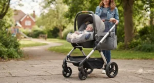 Travel system pushchair for a newborn featuring an attached infant car seat on the chassis