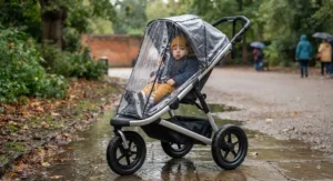 A practical 3-wheel pushchair fitted with a rain cover for British weather