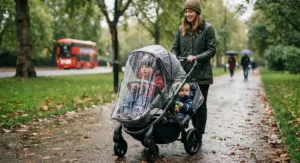 Best tandem pushchair fitted with a clear waterproof raincover protecting two children during a typical British shower