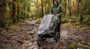 A weatherproof pushchair for countryside walks fitted with a clear rain cover during a drizzly day.