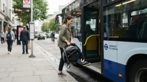 Boarding a red double-decker bus with a best budget buggy under £100