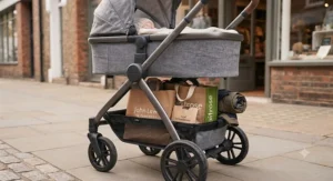 Spacious under-seat basket loaded with shopping bags on the best carrycot pushchair