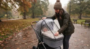 Parent attaching a durable rain cover to the best carrycot pushchair on a drizzly autumn day