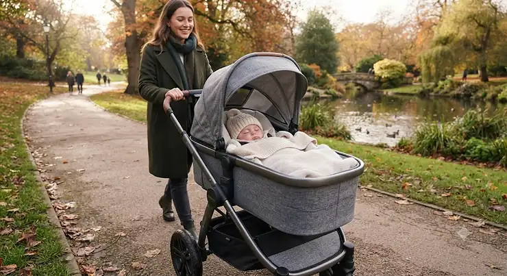 A newborn baby sleeping comfortably in the best carrycot pushchair during a walk in a British park