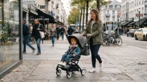 A mother navigating a busy London pavement with the best toddler buggy
