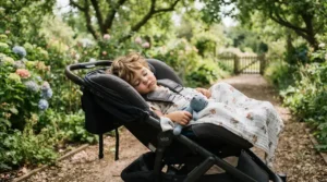A sleeping child lying flat in a fully reclined best toddler buggy during a afternoon walk