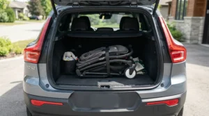 A compact best toddler buggy folded neatly inside a family car boot for a trip out