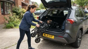 Folding the best toddler buggy neatly to fit inside a family hatchback car boot