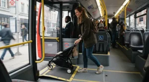 A parent boarding a local bus with a compact best toddler buggy