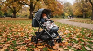 A comfortable buggy for toddler and baby surrounded by fallen golden autumn leaves in a suburban garden.