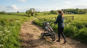 An all-terrain buggy for toddler and baby tackling a muddy trail through countryside fields.