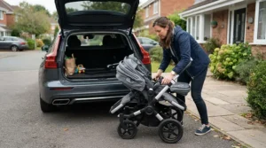 Folding a compact buggy for toddler and baby to fit neatly into the boot of a hatchback car.