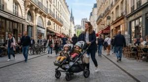 A practical buggy for toddler and baby navigating a busy pavement outside London shops.