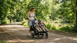 A versatile buggy for toddler and baby being pushed along a winding path in a British park on a sunny afternoon.