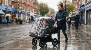 A protective rain cover fitted securely over a buggy for toddler and baby during a drizzling shower.