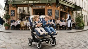 A wide tandem buggy for toddler and baby parked outside a local café on a cobblestone square.