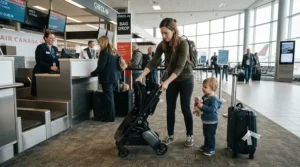 A parent preparing a buggy for travel with toddler at a busy London airport check-in desk