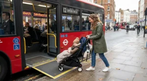 Stepping onto a double-decker bus with a lightweight buggy for travel with toddler