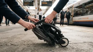 Demonstrating a quick one-hand compact fold on a buggy for travel with toddler on a railway platform