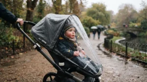 Using a clear rain cover on a buggy for travel with toddler during a typical British shower
