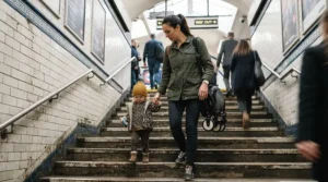 Navigating a London Underground station escalator with a compact buggy for travel with toddler