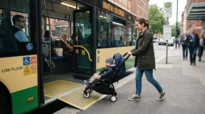 A compact from birth pushchair for city use being wheeled onto a modern red double-decker bus