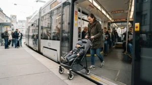 A slimline urban from birth pushchair manoeuvring easily onto a public transport bus in the city
