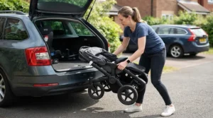 Compact folding pram for newborn twins being packed into a hatchback car boot in a driveway