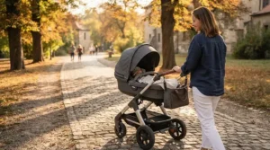 A from birth pushchair showing its large extendable canopy providing UV sun protection for a sleeping baby
