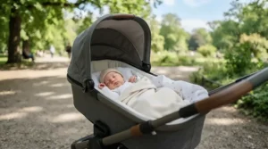 A from birth pushchair featuring a fully flat lie-flat recline suitable for a newborn baby resting outdoors