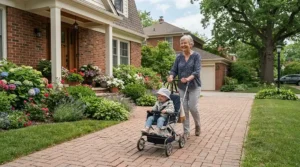 A grandparent wheeling a second pushchair under £100 outside a traditional suburban house