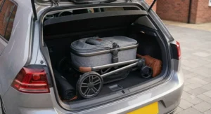 Compact fold of the best carrycot pushchair stored easily in the boot of a family hatchback