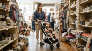 A lightweight from birth pushchair for city use navigating a narrow boutique shop aisle with ease