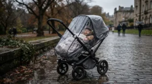 A lightweight from birth pushchair fitted with a clear waterproof rain cover on a drizzly day