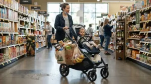 A from birth pushchair for city use featuring a spacious shopping basket loaded with grocery bags