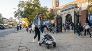 A parent dropping off a child using a second pushchair under £100 outside a nursery gate